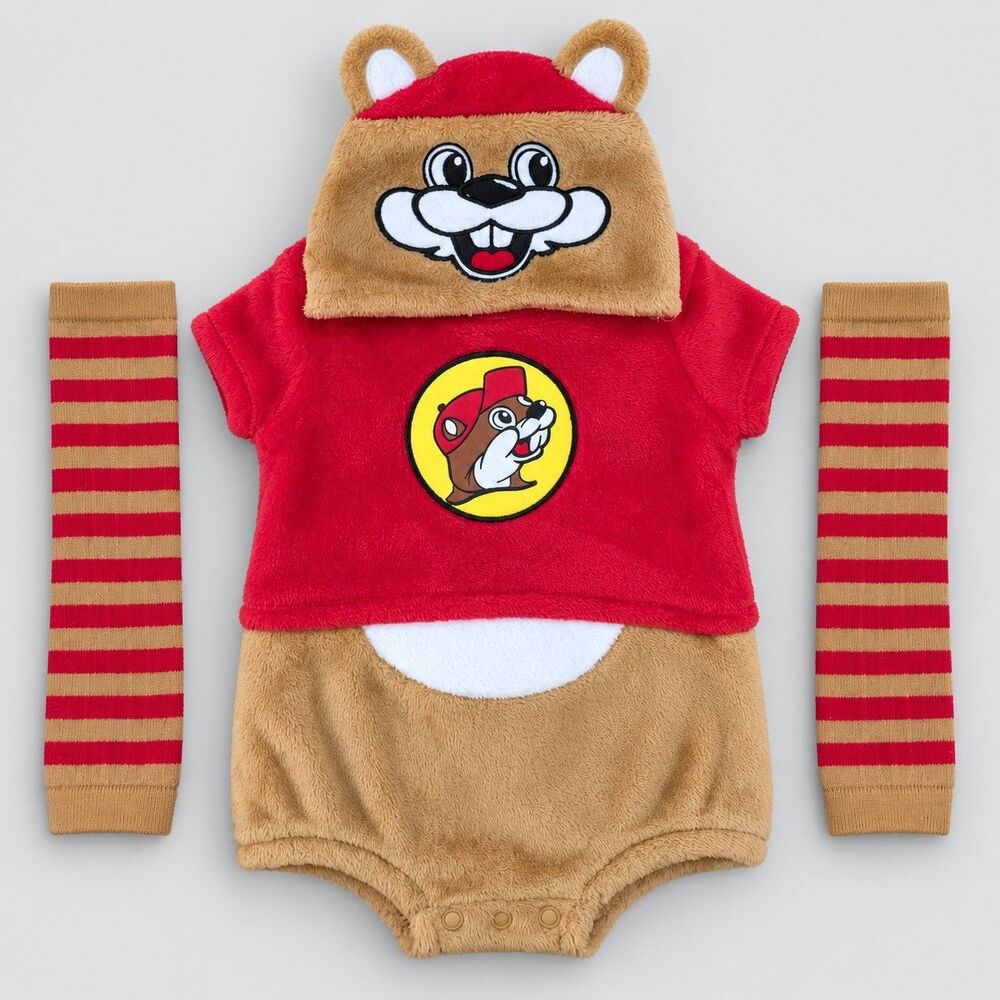 Buc-ee’s Infant 6M 9M Beaver Halloween Costume Bodysuit Leg Warmers NWT